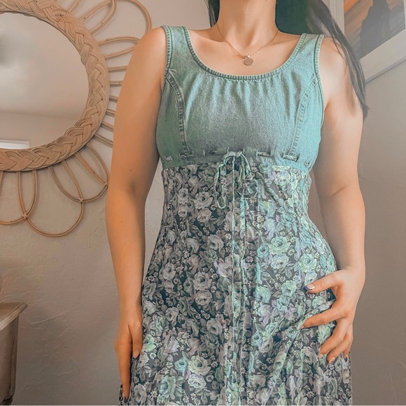 Vintage Dresses & Skirts - Vintage 90s Denim Jean Floral Long Whimsy Maxi Dress